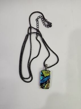 Handcrafted Dichroic Glass Pendant Necklace Features Vibrant Patterns 30" Chain